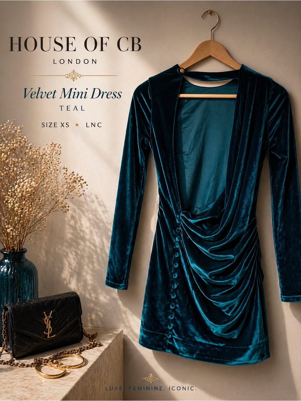 House of CB Emerald Velvet Draped Mini Dress XS Long Sleeve Open Back
